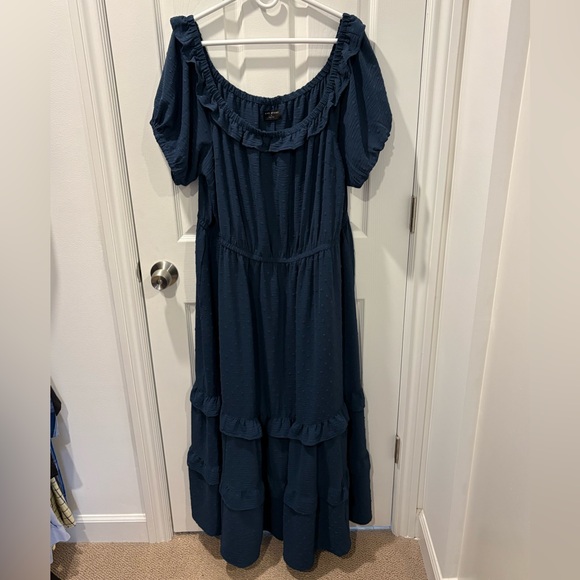 Lane Bryant Maxi Dress 24 Blue Swiss Dot Ruffle Tiered Off-Shoulder - Picture 3 of 7